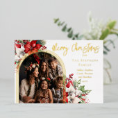 ポインセチアと松のアーチ写真メリークリスマス 箔シーズンカード (立ち正面)