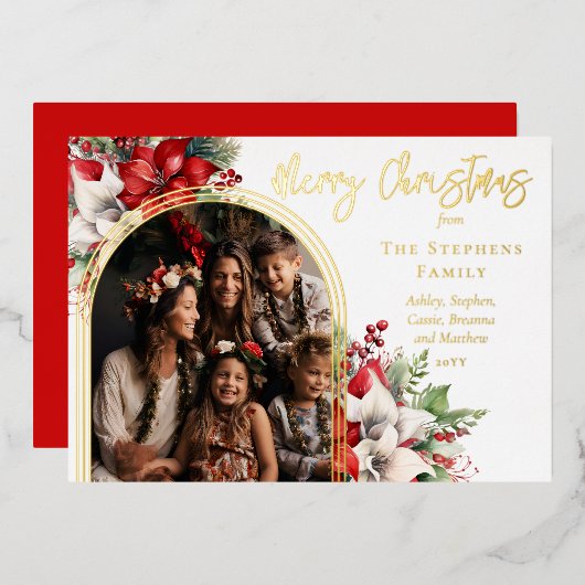 ポインセチアと松のアーチ写真メリークリスマス 箔シーズンカード (正面/裏面)