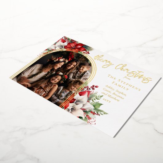 ポインセチアと松のアーチ写真メリークリスマス 箔シーズンカード (回転した状態)