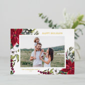 ポインセチアと松の葉の幸せな休暇の写真 箔シーズンカード (立ち正面)