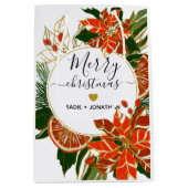 ポインセチアと柑橘系金ゴールドメリークリスマス ミディアムペーパーバッグ (正面)
