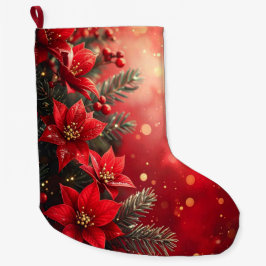 ポインセチアと赤い実のクリスマスブーツ ラージクリスマスストッキング
