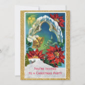 ポインセチアと金ゴールドベルズクリスマスホリデーパーティー 招待状 (正面)