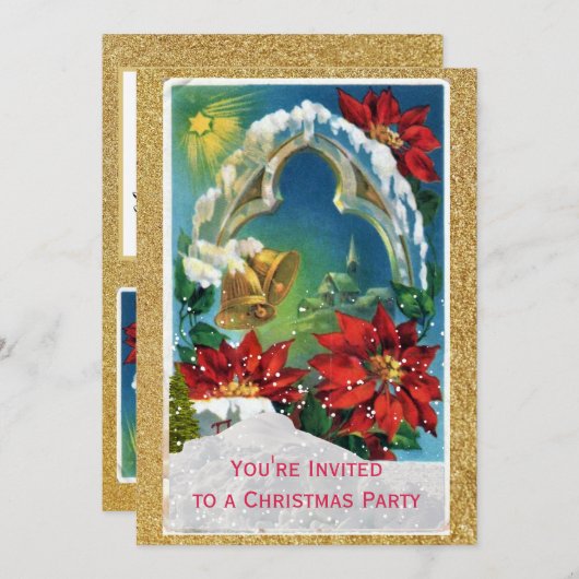 ポインセチアと金ゴールドベルズクリスマスホリデーパーティー 招待状 (正面/裏面)