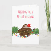 ポインセチアのクリスマスカードで可愛いナマケモノ カード (正面)