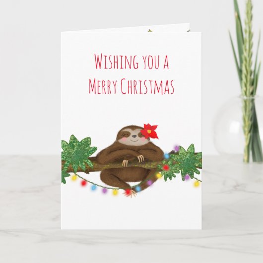 ポインセチアのクリスマスカードで可愛いナマケモノ カード (正面)