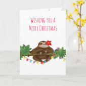 ポインセチアのクリスマスカードで可愛いナマケモノ カード (黄色い花)