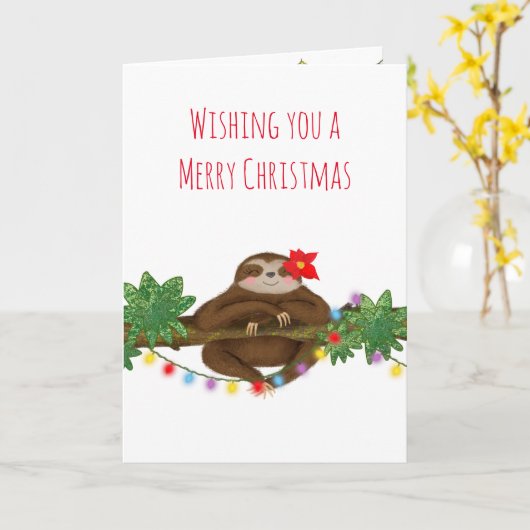 ポインセチアのクリスマスカードで可愛いナマケモノ カード (黄色い花)