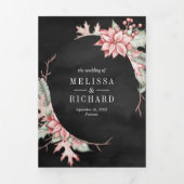 ポインセチアのクリスマスキャンドルQRコードブラックウェディング 三つ折り招待状 (カバー)