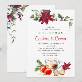ポインセチアのクリスマスケーキ & ココアのホリデーパーティー 招待状