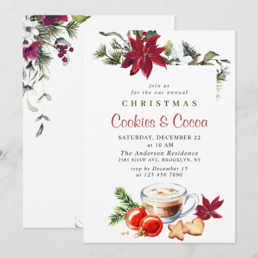 ポインセチアのクリスマスケーキ & ココアのホリデーパーティー 招待状 (正面/裏面)
