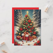 ポインセチアのクリスマスツリー フラット グリーティング カード (正面/裏面インサイチュ)