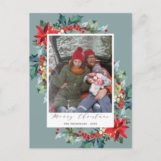 ポインセチアのクリスマスパインおもしろいニードルのメッセージBlu ポストカード (正面)