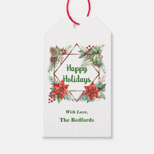 ポインセチアのクリスマスプレゼントラベルオンホワイト ギフトタグ (正面)