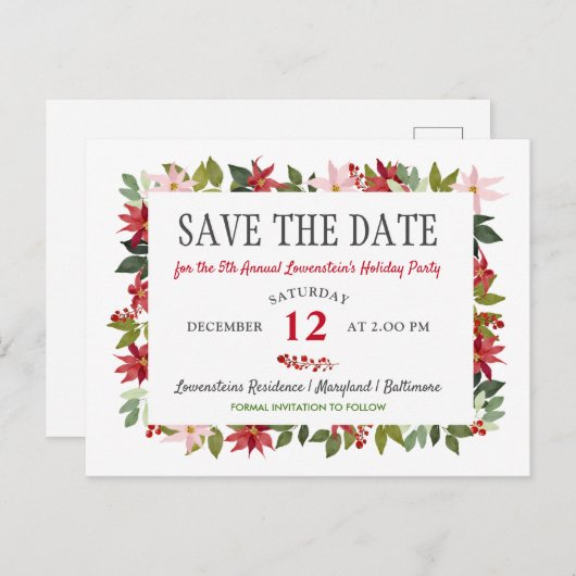 ポインセチアのクリスマスホリデーパーティー日付を保存 案内ポストカード (正面/裏面)