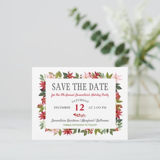 ポインセチアのクリスマスホリデーパーティー日付を保存 案内ポストカード (スタンド正面)