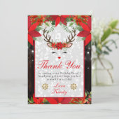 ポインセチアのトナカイのクリスマス誕生日パーティー サンキューカード (スタンド正面)