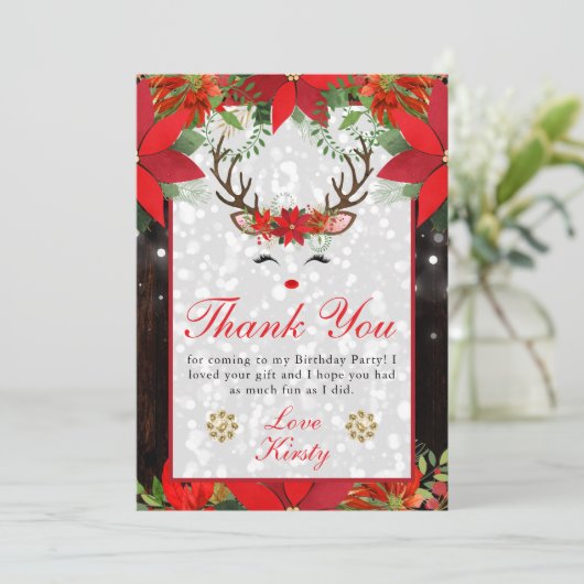 ポインセチアのトナカイのクリスマス誕生日パーティー サンキューカード (スタンド正面)