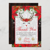 ポインセチアのトナカイのクリスマス誕生日パーティー サンキューカード (正面/裏面)