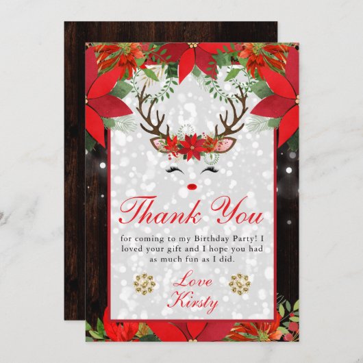 ポインセチアのトナカイのクリスマス誕生日パーティー サンキューカード (正面/裏面)