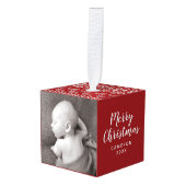 ポインセチアのニットパターン キューブオーナメント (正面アングル)