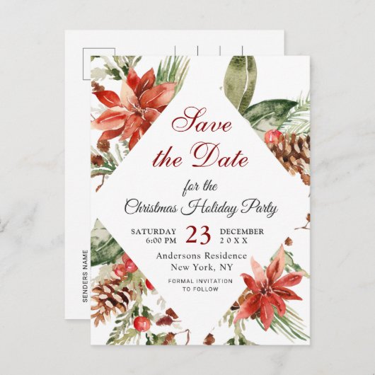 ポインセチアのホリデー・クリスマス・パーティー 保存日付 案内ポストカード (正面/裏面)