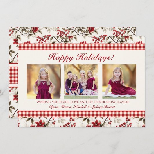 ポインセチアのホリーデイ・フォトカード ギンガムボーダー シーズンカード (正面/裏面)