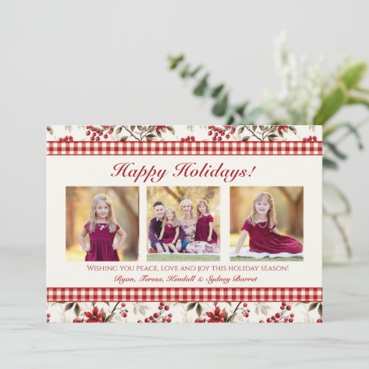 ポインセチアのホリーデイ・フォトカード ギンガムボーダー シーズンカード (スタンド正面)
