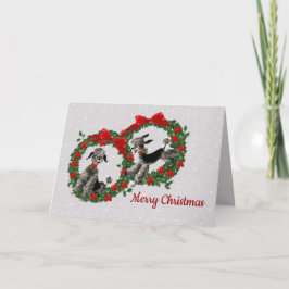 ポインセチアのリースのレトロの黒いプードル カード