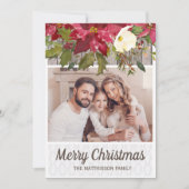 ポインセチアのレトロな木目調レースの写真 メリークリスマス シーズンカード (正面)