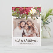 ポインセチアのレトロな木目調レースの写真 メリークリスマス シーズンカード (スタンド正面)