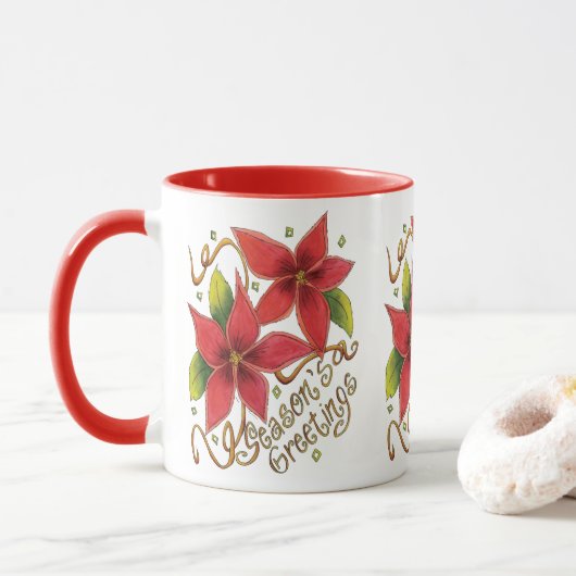ポインセチアの可愛いクリスマスシーズンのご挨拶 マグカップ (ドーナツ)