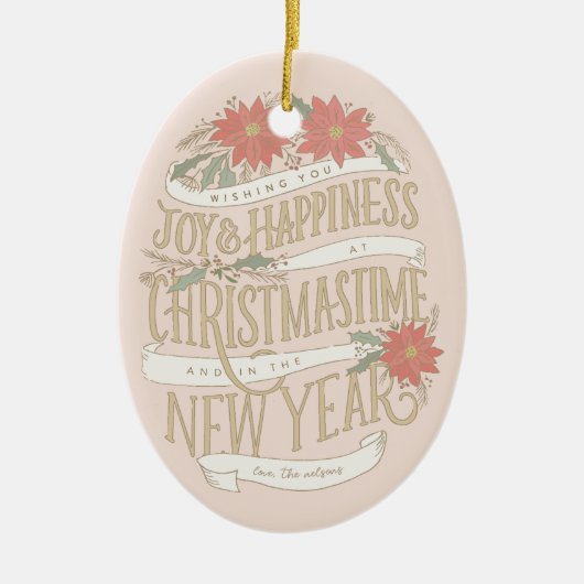 ポインセチアの大枝とバナーの写真 セラミックオーナメント (正面)