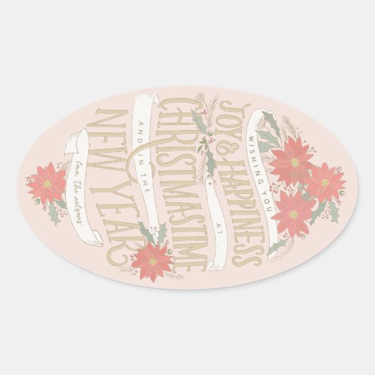 ポインセチアの大枝とバナー 楕円形シール (正面)