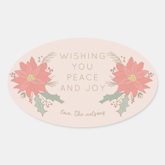 ポインセチアの大枝とバナー 楕円形シール (正面)