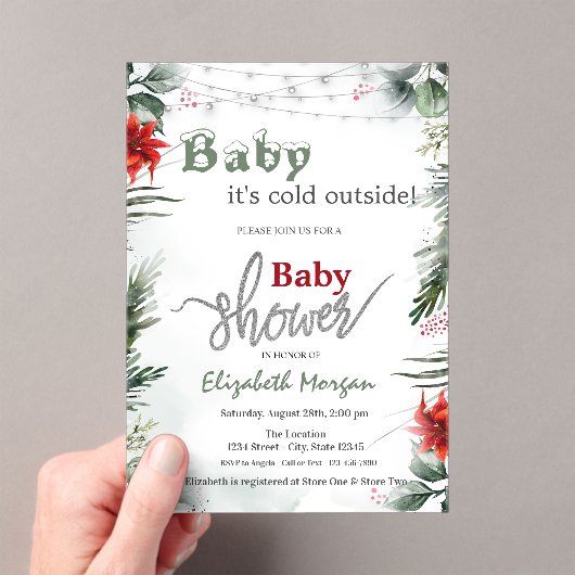 ポインセチアの枝の外は寒い赤ちゃんシャワー アクリル招待状 (インサイチュ (ポータブル))