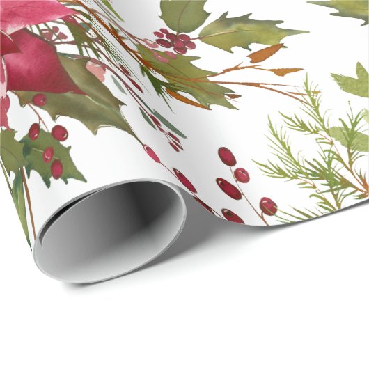 ポインセチアの水彩画の花のクリスマスのギフト ラッピングペーパー (ロールコーナー)