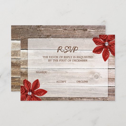 ポインセチアの納屋木製の結婚RSVPの応答カード 出欠カード (正面/裏面)