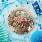 ポインセチアの花とクリスマスカゴ、ベリー ペーパープレート (パーティー)