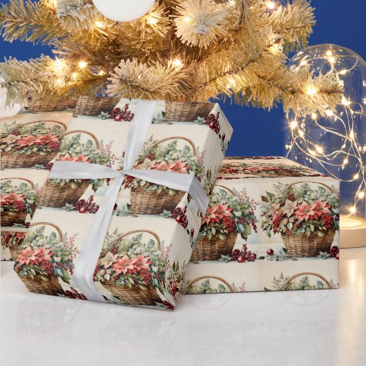 ポインセチアの花とクリスマスカゴ、ベリー ラッピングペーパー (クリスマス)