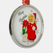 ポインセチアの花とヴィンテージクリスマスガール メタルオーナメント (右)