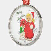 ポインセチアの花とヴィンテージクリスマスガール メタルオーナメント (左)