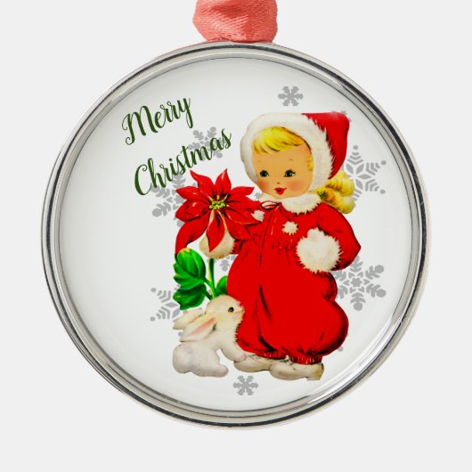 ポインセチアの花とヴィンテージクリスマスガール メタルオーナメント (正面)