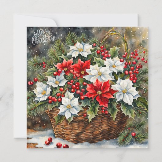 ポインセチアの花と実のクリスマスバスケット シーズンカード (正面)