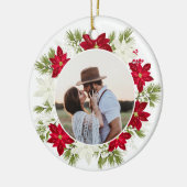 ポインセチアの花と松の丸いクリスマス セラミックオーナメント (左)