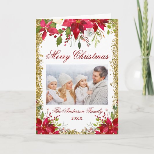 ポインセチアの花の写真のクリスマスの金ゴールドの折目 シーズンカード (正面)