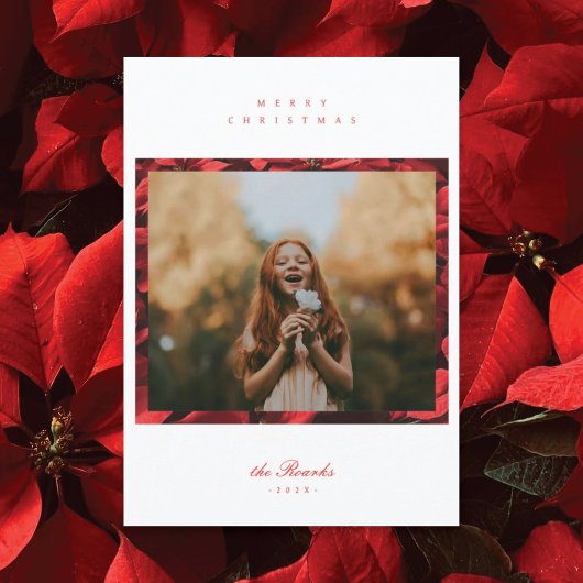 ポインセチアの花びらフレームのフォトクリスマスカード シーズンカード