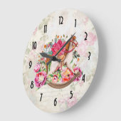 ポインセチアの花束を持つヴィンテージのおもちゃの馬 ラージ壁時計 (傾斜)