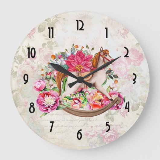 ポインセチアの花束を持つヴィンテージのおもちゃの馬 ラージ壁時計 (正面)