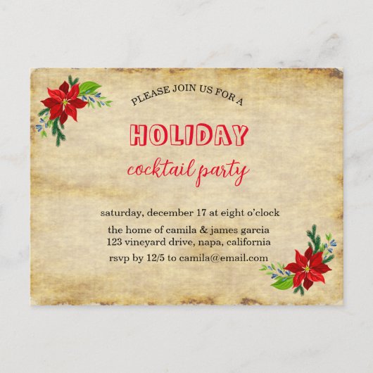 ポインセチアの花束、ヴィンテージクリスマスパーティー インビテーションポストカード (正面)